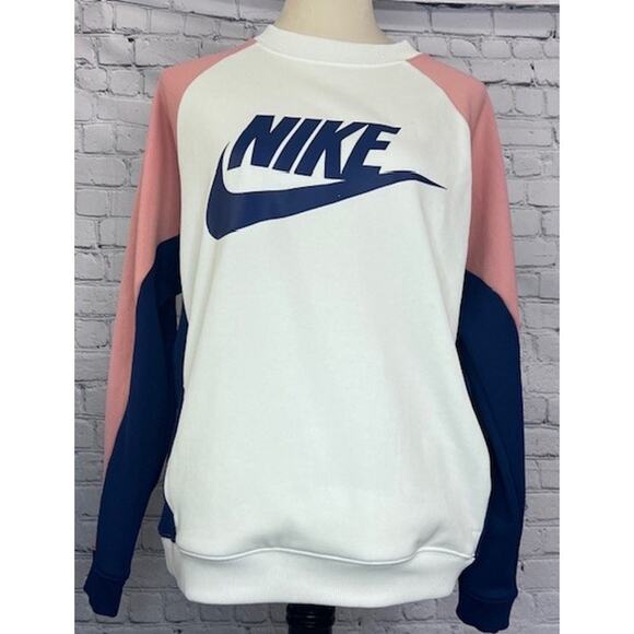 Nike Tech Sweatshirt Women's M White Color Block Crew Neck Long Sleeve Pullover - Picture 1 of 9